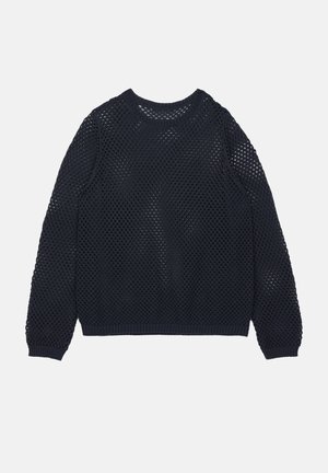 Pull en maille noire à manches longues avec un motif en maille ouverte et des poignets, un ourlet et un col rond côtelés, étalé à plat sur un fond blanc.
