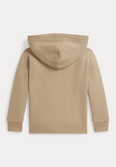 Beiger Kapuzenpullover mit langen Ärmeln, gerippten Bündchen und Saum, von hinten auf weißem Hintergrund abgebildet.