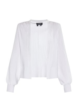 Bijela rebrasta kardigan s kratkim dizajnom, dugim napučenim rukavima i otvorenim prednjim dijelom. Karakterizira ga meka, strukturirana tkanina koja može imati suptilan sjaj.