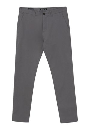Pantaloni in cotone grigi con un design a gamba dritta, tasche frontali e chiusura con bottone. Texture liscia e cintura standard.