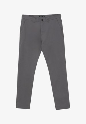 Pantaloni in cotone grigi con un design a gamba dritta, tasche frontali e chiusura con bottone. Texture liscia e cintura standard.