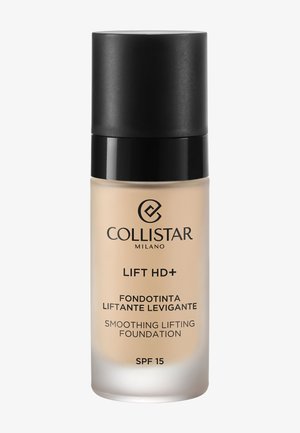 Flacon de fond de teint liftant lissant Collistar Milano Lift HD+ avec bouchon noir, liquide beige, indice SPF 15, sur fond uni.