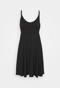 Abito nero senza maniche con scollatura a giro, corpino aderente e gonna ampia, realizzato in tessuto morbido. Spalline regolabili offrono una vestibilità personalizzabile.