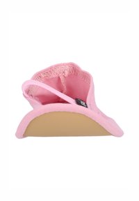 Rosa tyginomhussko med mjuk sula, elastisk rem och sydda kanter; har en slät yta och rund design.