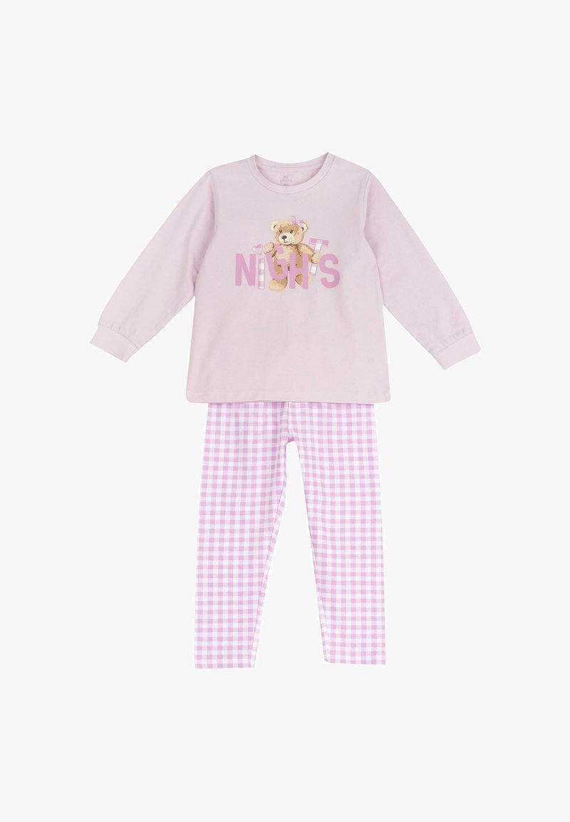 Haut rose à manches longues avec un graphisme d'ours et le texte « NIGHTS », associé à des leggings à motif vichy rose et blanc. Matière en coton doux.