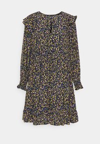 Robe à manches longues avec des épaules et des poignets ondulés, motif floral abstrait multicolore dans des tons de marine, jaune, rose et noir.