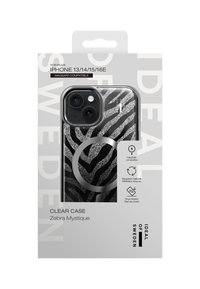 Gennemsigtigt iPhone-etui med zebra-stribedesign i sort og sølvglitter, har en stor cirkulær detalje, kompatibelt med MagSafe, miljøvenlige materialer.