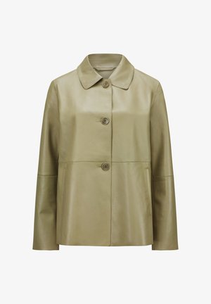 Olive green leather jacket with a collared neckline, button closures, two side pockets, and a smooth texture; tailored fit and minimalist design.