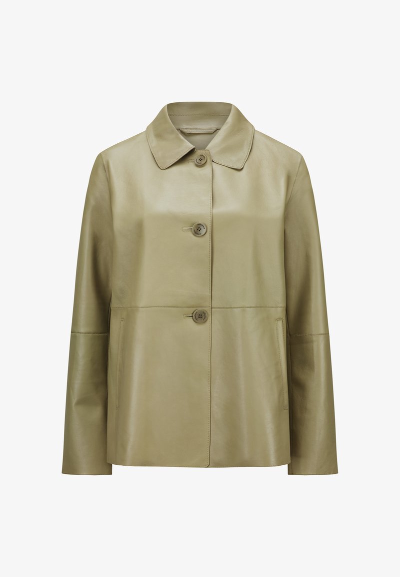Olivengrüne Lederjacke mit Kragen, Knopfverschlüssen, zwei Seitentaschen und glatter Textur; taillierte Passform und minimalistisches Design.