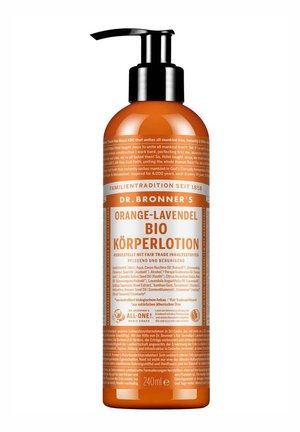 Pump bottle of Dr. Bronner’s Orange-Lavender organic body lotion with German text and 240ml volume on white background.