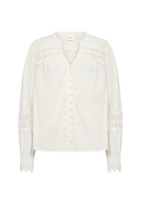 White long-sleeve blouse featuring lace trim, a v-neckline, and button closures down the front. Made of lightweight fabric with a relaxed fit.