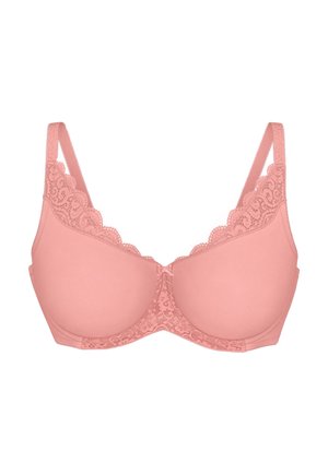 Soutien-gorge à armatures rose pâle avec des bordures en dentelle sur les bonnets et les bretelles, orné d'un petit nœud au centre.