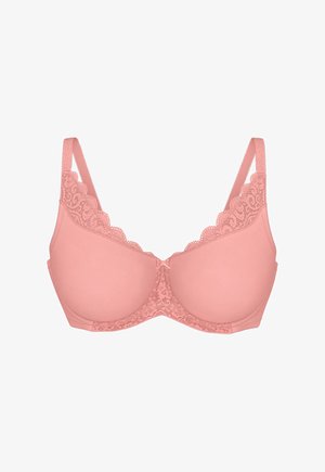 Mehka roza podloženka modrček z obroči, okrašen z čipko na košaricah in naramnicah, z majhnim lokom na sredini.