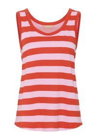 D�ébardeur sans manches rayé rouge et rose avec un col arrondi et une coupe décontractée. Tissu doux avec une texture lisse, idéal pour un style décontracté.