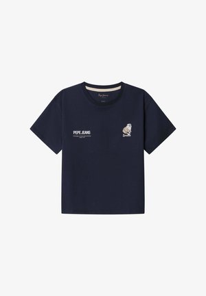 T-shirt a maniche corte blu navy con la scritta "PEPE JEANS" sul petto a sinistra e una grafica di un bulldog con la scritta "London" sul petto a destra.