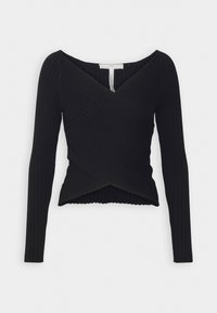 Haut noir en maille côtelée à manches longues avec col en V et design devant croisé, silhouette ajustée et longueur légèrement raccourcie.