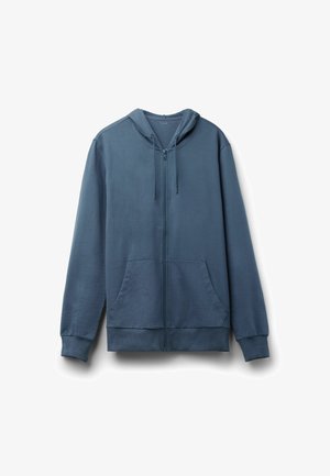 Sudadera azul con cremallera hecha de un tejido liso, con capucha, cordones y bolsillos delanteros tipo canguro. Puños y dobladillo acanalados.