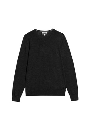 Tmavě šedý svetr s výstřihem do V vyrobený z měkkého pleteného materiálu, s dlouhými rukávy a žebrovanými manžetami a lemem. Žádné viditelné vzory nebo detaily.