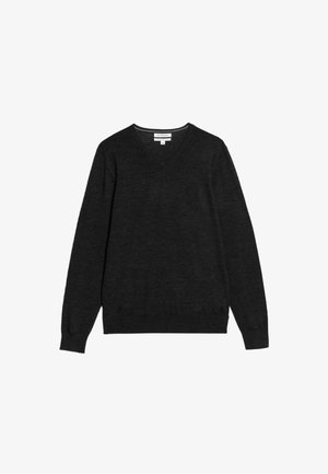 Ciemnoszary sweter z dekoltem w serek, wykonany z miękkiego materiału dzianinowego, z długimi rękawami oraz ribbowanymi mankietami i dołem. Brak widocznych wzorów lub akcentów.