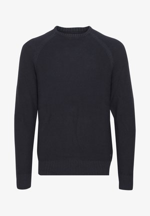 Pull en maille bleu marine foncé avec un col rond, des poignets et un ourlet côtelés, présentant un tissu texturé et des manches raglan.