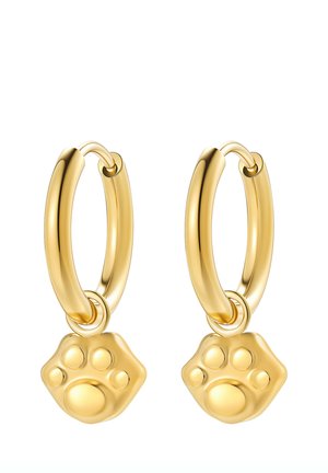 Gold hoop earrings with small paw print charms hanging from each hoop on a white background.
