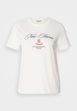 T-shirt de algodão branco com mangas curtas, apresentando texto em itálico azul-marinho "New Haven" e um logótipo de coroa vermelha, com "GANT" e texto adicional abaixo.