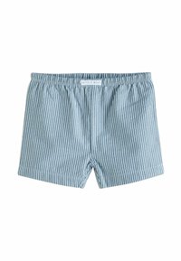 Randiga blå och vita badshorts med elastisk midja, tillverkade av lättviktsmaterial, med en etikett vid midjan.