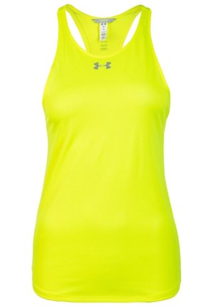 Camiseta deportiva sin mangas de color amarillo brillante con espalda cruzada y logo gris de Under Armour en el centro delantero.