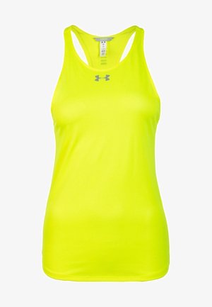 Camiseta deportiva sin mangas de color amarillo brillante con espalda cruzada y logo gris de Under Armour en el centro delantero.