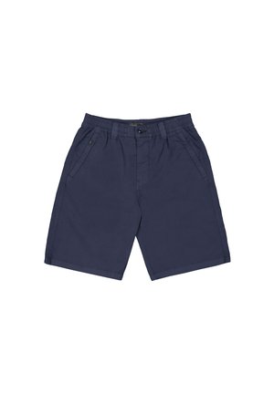 Marineblaue Herren-Shorts mit elastischem Bund, Knopfverschluss, Gürtelschlaufen und seitlichen Taschen auf weißem Hintergrund.