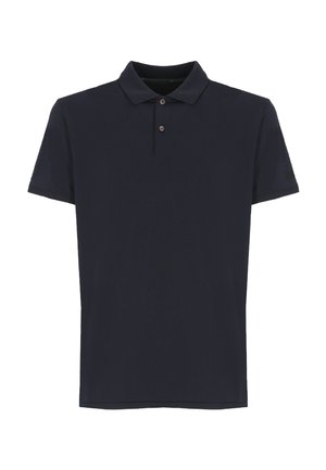 Polo blu navy scuro a maniche corte con colletto e due bottoni su sfondo bianco semplice.