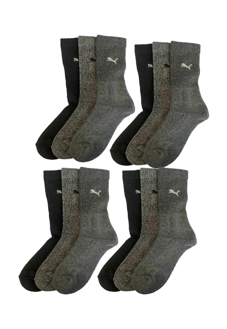 Vier Paar Socken mit einem gerippten Design, zwei in Dunkelgrau, zwei in Schwarz, mit einem dezenten Logo-Akzent in Weiß.