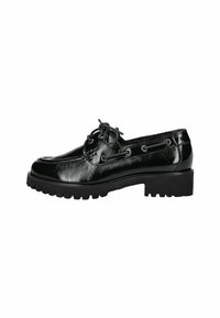 Scarpa nera in pelle verniciata con lace-up, suola spessa a lug e cuciture in stile mocassino, vista dal lato esterno.