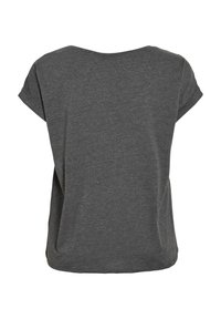 T-shirt gris à manches courtes en tissu doux, présentant une coupe décontractée et un col rond, avec une vue arrière sans décoration.