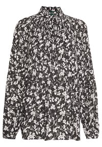 Blusa floreale nera con scollo alto arricciato, maniche lunghe e design plissettato. Presenta fiori bianchi e motivi intricati di foglie.