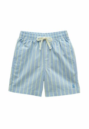 Hellblaue Shorts mit vertikalen gelben Streifen, elastischem Bund, weißem Kordelzug, seitlichen Taschen und kleinem aufgesticktem Logo am linken Bein.