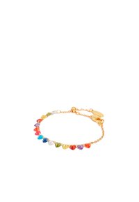 Pulsera en tono dorado que presenta cristales triangulares coloridos en un patrón degradado, con una cadena delicada y un cierre ajustable para un ajuste seguro.