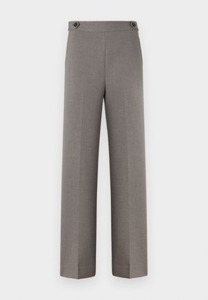 Graue Hose mit glatter Textur, weit geschnittenem Design und zwei dekorativen Knöpfen am Bund. Saubere, maßgeschneiderte Linien, keine Muster.