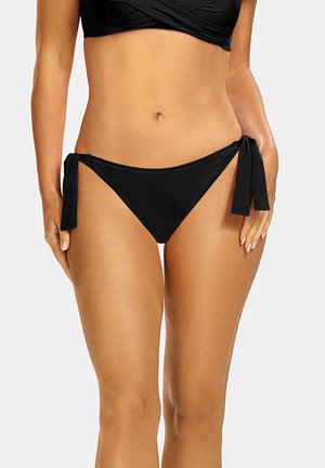 Czarny dół bikini z regulowanymi sznurkami po bokach, charakteryzujący się gładką fakturą i minimalnym krojem.