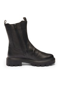 Sort læderstøvle til midt på læggen med sidelås, trækkegreb, rund tå og tyk sål med groft mønster for øget trækkraft og holdbarhed.