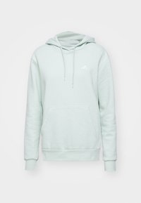 Hoodie verde menta claro feito de tecido suave; apresenta um bolso canguru, capuz com cordão e um pequeno logotipo branco no peito.
