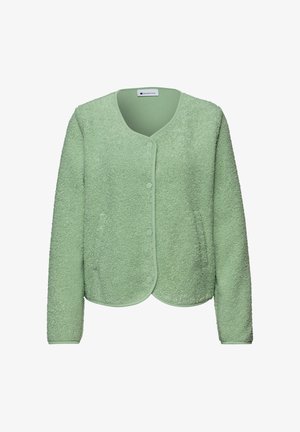 Zachte lichtgroene fleecejas met lange mouwen, ronde halslijn en drukknoopsluiting aan de voorkant.