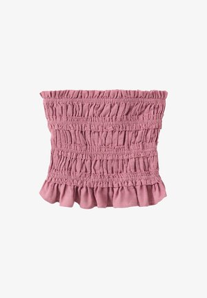 Haut tube rose en tissu froncé avec un élastique et un ourlet volanté, posé à plat sur fond blanc.