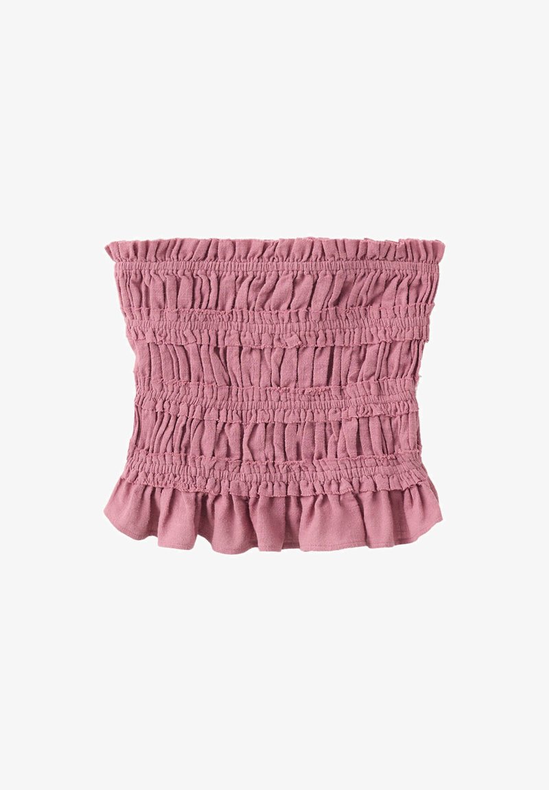 Haut tube rose en tissu froncé avec un élastique et un ourlet volanté, posé à plat sur fond blanc.