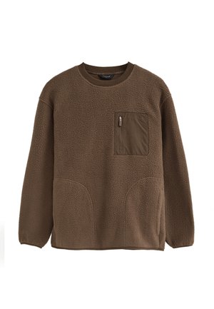 Sudadera de forro polar marrón con mangas largas, cuello redondo y un bolsillo con cremallera en el pecho en el lado izquierdo con un parche de tela lisa.