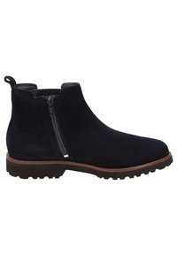 Stivali alla caviglia in suede blu scuro con cerniera laterale, finitura testurizzata, punta tonda, suola marrone a contrasto e linguetta per una facile indossabilità.
