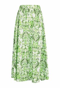 Falda floral con un patrón de paisley en verde y blanco, hecha de una tela ligera con una cinturilla elástica y un diseño fluido.