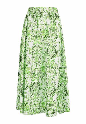 Bloemrok met een groen en wit paisleypatroon, gemaakt van lichtgewicht stof met een elastische tailleband en vloeiende uitstraling.