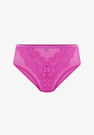 Pink lace underwear featuring a textured floral pattern, sheer panels, and a decorative charm at the waistband.