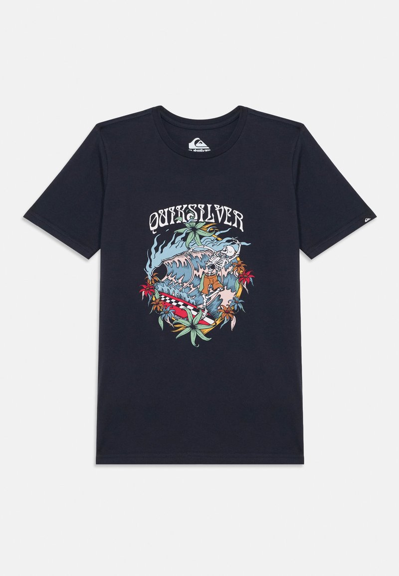 Navy cotton T-shirt featuring a colorful graphic print of a skeleton surfing with tropical plants and waves, round neck, short sleeves.
